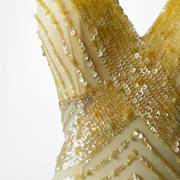 Vintage Y2K Yellow Halter Beaded Sequin Mesh Bodycon Maxi Prom Dress Size XS/S - Picture 6 of 14